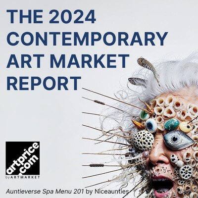 Artprice's 2024 Contemporary Art Market Report cover, featuring the digital work “Auntieverse Spa Menu 201” by Niceaunties